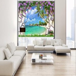 Rèm cuốn tranh 3D biển và hoa
